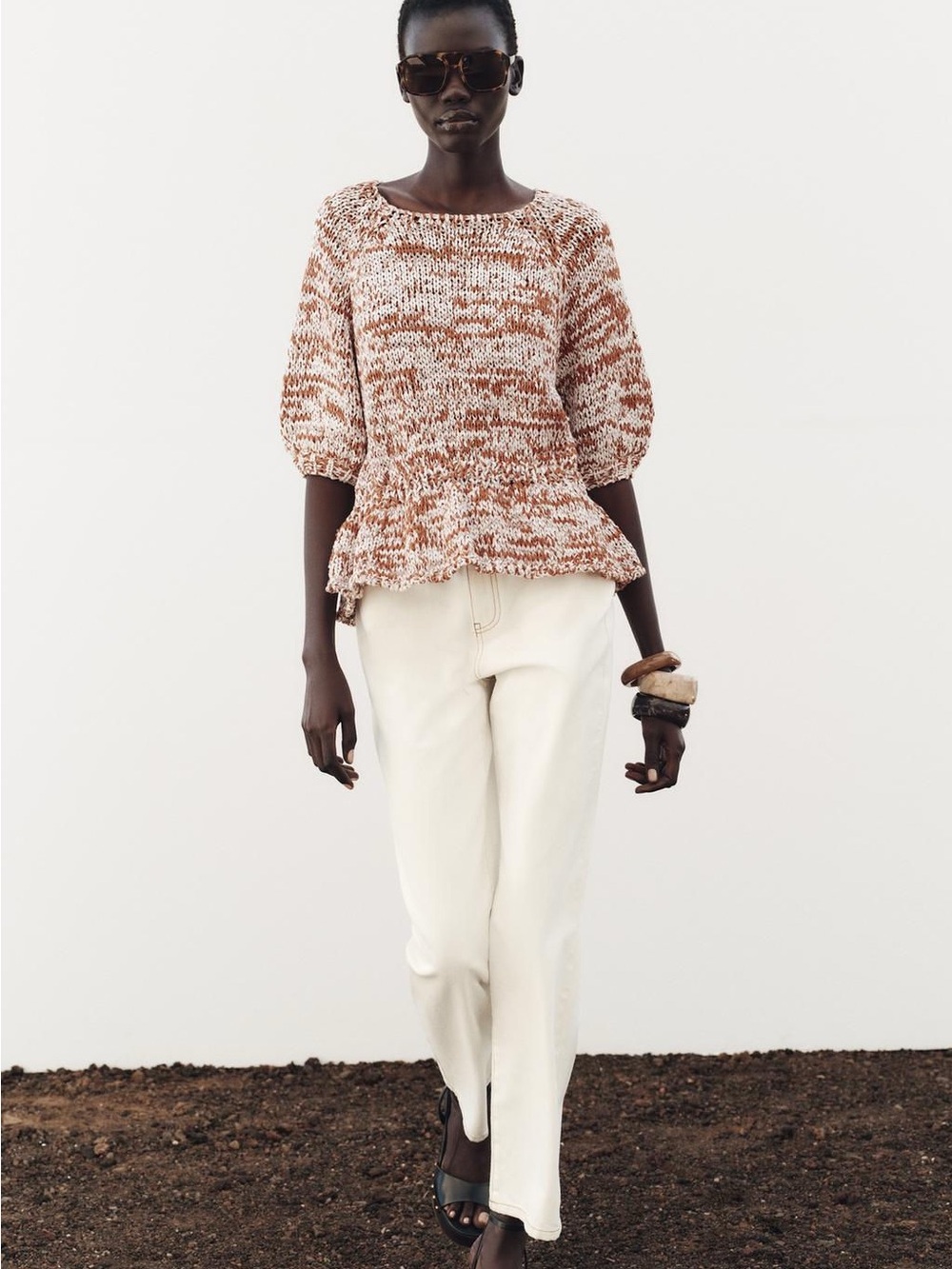 Zara Marled Rust and White Knit Peplum Sweater